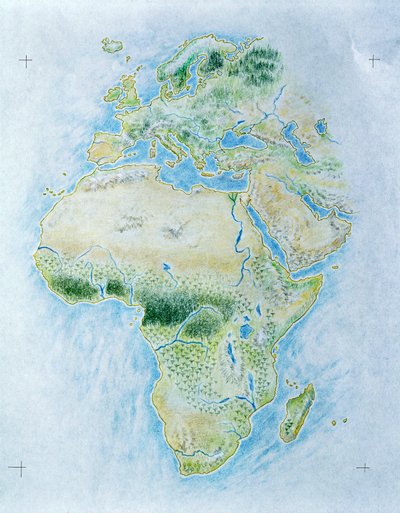 無印のアフリカとヨーロッパの地図（カラーリトグラフ 作： School Italian