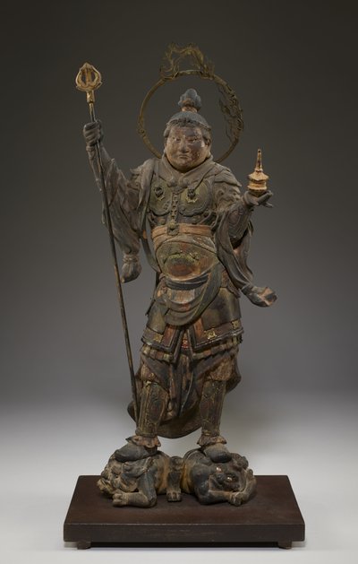 Bishamonten（Vaisravana、北の守護者）（クリスタル、金箔、金属を使用した多色の木材） 作： Japanese School