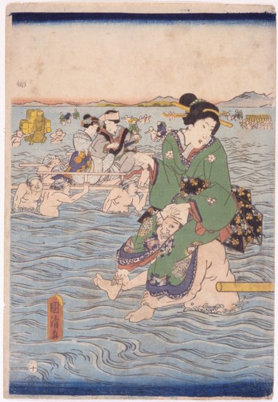 川を渡って運ばれる (カラー木版画) 作： School Japanese