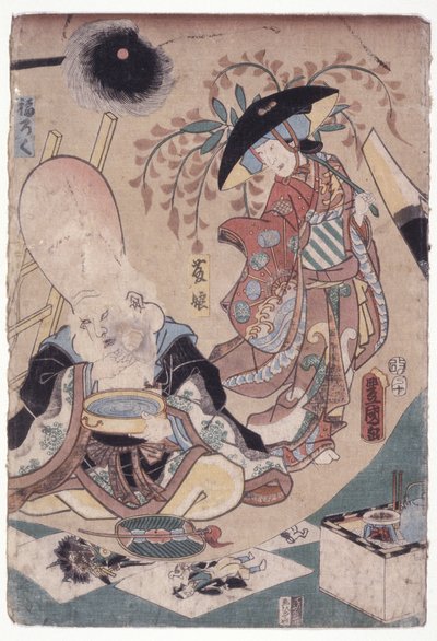 藤娘とフケロケ（カラー木版画） 作： School Japanese