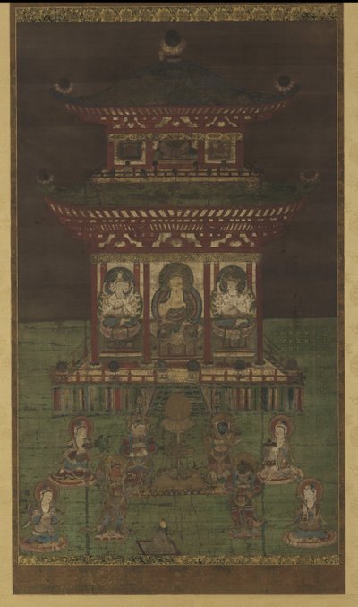 ホロカクマンダラ：仏陀とそれに付随する神々、平安時代（シルクパネルに色と金） 作： Japanese School