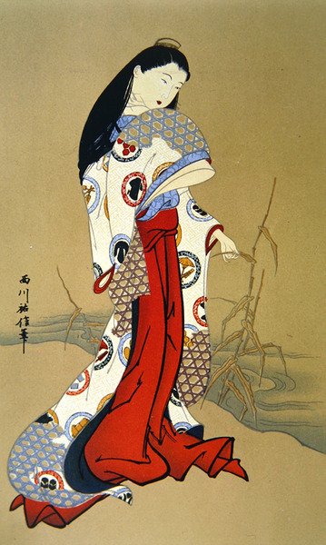 元禄時代の日本の少女（カラーリトグラフ） 作： School Japanese