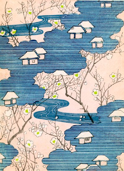 着物デザインのパターン：川と桜のあるコテージ 1900年頃（錦絵） 作： School Japanese
