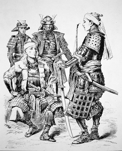 伝統的な衣装と鎧を身につけた古日本の侍（リトグラフ） 作： School Japanese