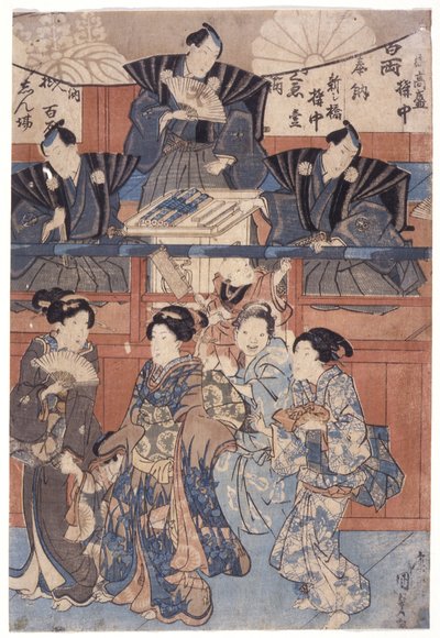 神社のコレクションステージ前のシーン（カラー木版画） 作： School Japanese