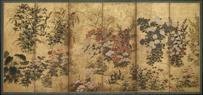 夏と秋の花、江戸時代（紙に金をかぶった色） 作： Japanese School