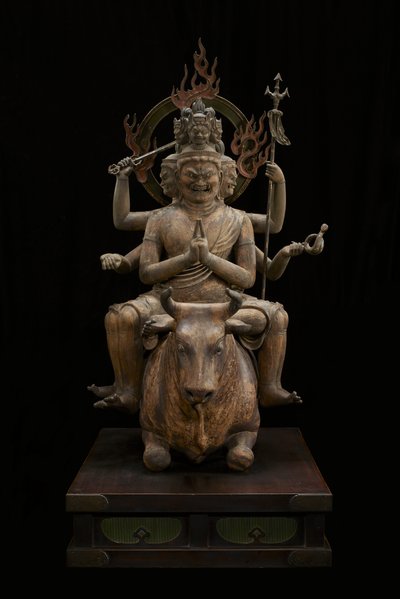 明王畏敬の念を起こさせる力（大徳明王）（水晶、金箔、金属を使った多色の木） 作： Japanese School