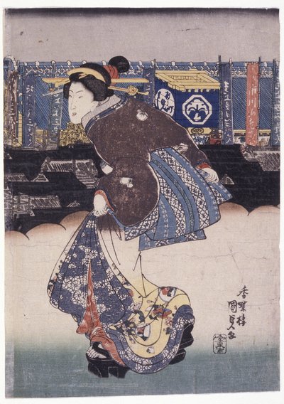 女性; 背景のバナーの俳優の名前 (カラー木版画) 作： School Japanese