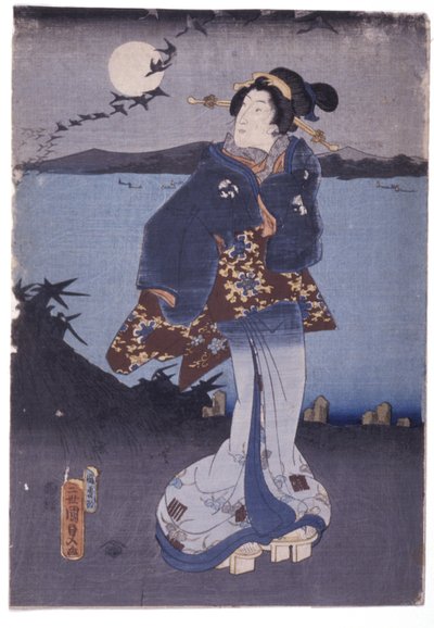 湖畔で満月と降りるガチョウを眺める女性（色木版画） 作： School Japanese