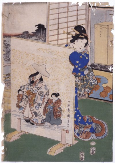 Mulher fica atrás de Tsuitate com pintura S. "Kunisada" (xilogravura colorida) 作： School Japanese