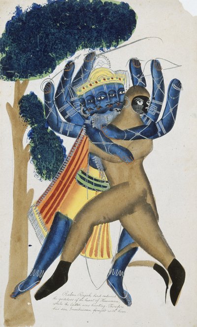 ハヌマーンの息子と戦うセイロンの魔王ラーヴァナ（水彩・紙） 作： School Kalighat