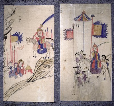三国志を描いた八曲一双のパネル（紙に天然顔料） 作： 学校韓国語