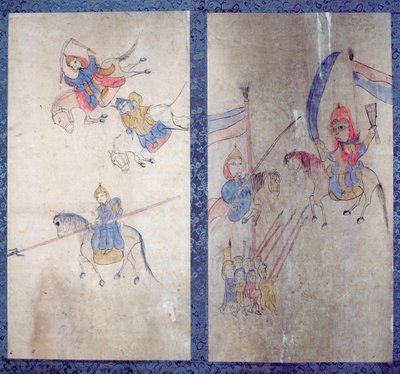 三国志を描いた八曲一双のパネル（紙に天然顔料） 作： 学校韓国語