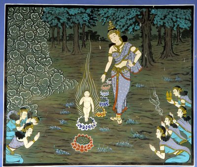 釈迦の誕生。韓国、水原地方の龍樹寺のフレスコ画。 作： School Korean