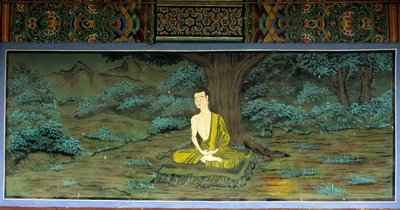 瞑想する仏陀。韓国、水原地方の龍樹寺のフレスコ画。 作： School Korean