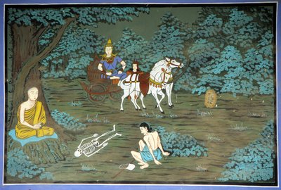 瞑想中の仏陀と骸骨。韓国、水原地方の龍樹寺のフレスコ画。 作： School Korean