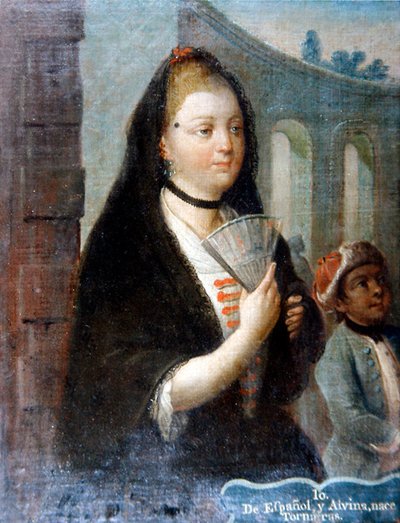 扇子を持つ黒いベールの女性の肖像」（油彩・キャンバス） 作： School Mexican