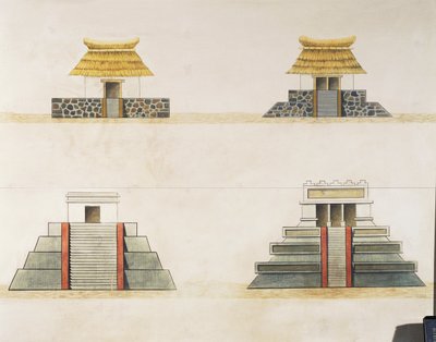 テノチティトランの建物の歴史的復元（カラーリトグラフ 作： School Mexican
