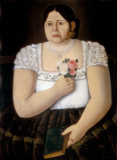 バラの花束を持つプエブラ先住民の女性の肖像 (絵画) 作： School Mexican