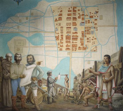 建設現場に立つ3人の男性、メキシコシティ、メキシコ 作： School Mexican