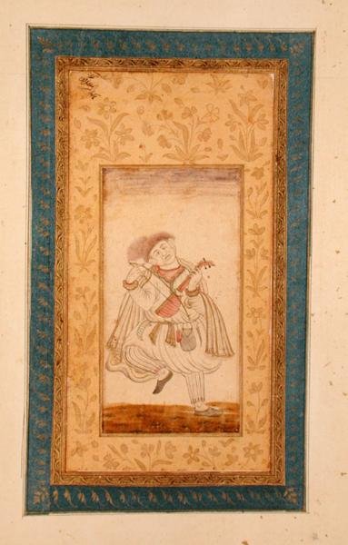 ムガル帝国の宮廷音楽家であるサランギ奏者の踊り（Large Clive Albumより）（彩色画 作： School Mughal
