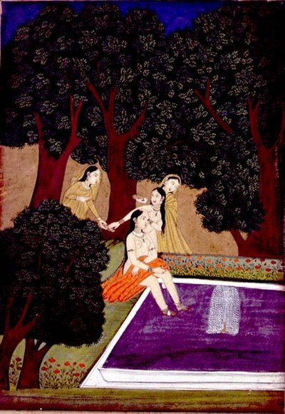プールの女性、Johnson Album IX、no.16、1780年頃（紙に金のガッシュ） 作： School Mughal