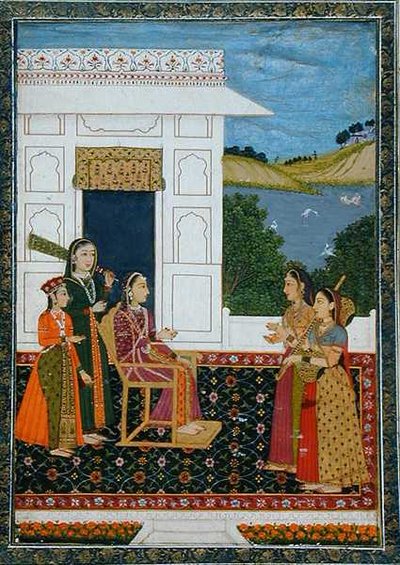 小クライヴアルバムより「テラスに侍女を連れた婦人」（不透明水彩・紙 作： School Mughal