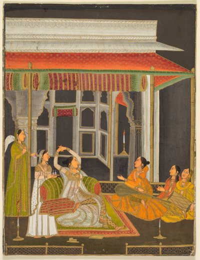 侍女とテラスにいる夜の王女（レクト）、書（裏面）、1760年頃（不透明水彩、金彩、紙） 作： School Mughal