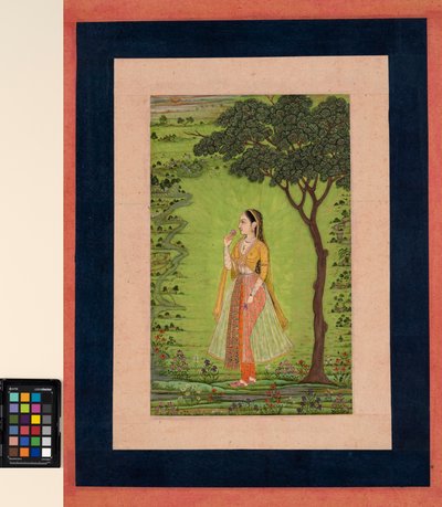 木のそばに立って、花を持っている女性、c.1720（不透明w - c、紙に金） 作： School Mughal