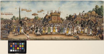 アクバル2世は、1835年頃の巨大な行列で象に乗ります（不透明な水彩画と象牙の金） 作： School Mughal