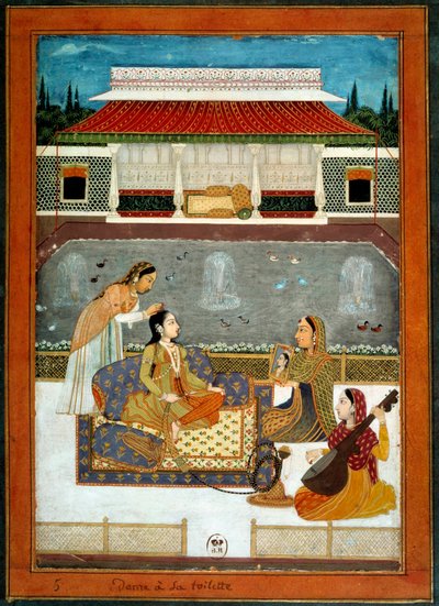 インドのお姫様が1740年のマグホール・スクールのミニチュア・トイレを持っている。 作： School Mughal