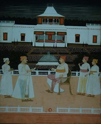 ムガル帝国の庭園でウーダーのナワーブに祈りを捧げるハザン・リザ 作： School Mughal