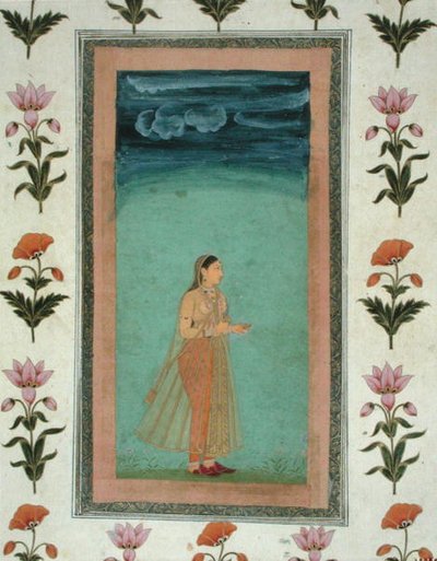 花を持つ婦人（Small Clive Albumより）（不透明水彩・紙 作： School Mughal