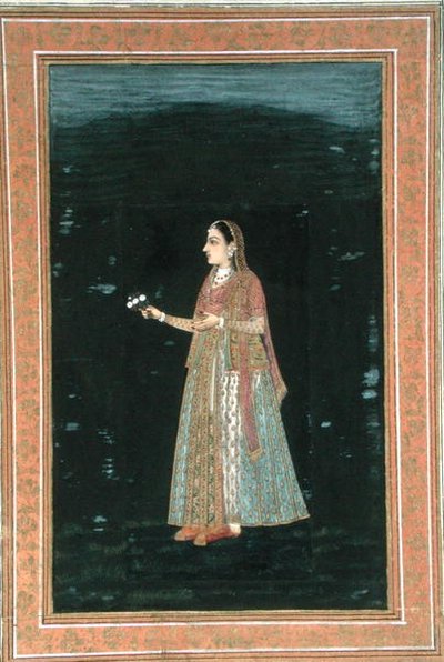花を持つ女性（Small Clive Albumより）（不透明水彩・紙 作： School Mughal