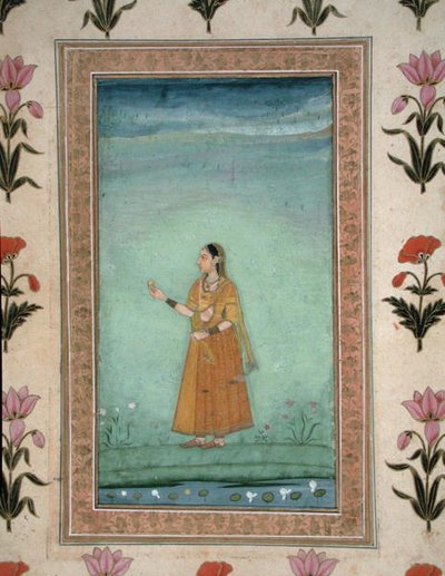 果物を持った女性がユリの池のほとりに立っている 「スモール・クライヴ・アルバム」より 1600年頃 （不透明水彩・紙 作： School Mughal