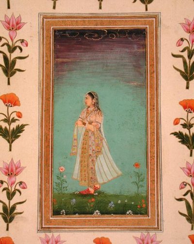 花の中を歩く貴婦人（小クライヴアルバムより）（不透明水彩・紙 作： School Mughal
