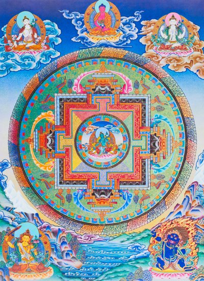 Mandala de Tara Verde retratando a protetora materna de todos os perigos no oceano da existência (guache sobre tecido) 作： School Nepalese