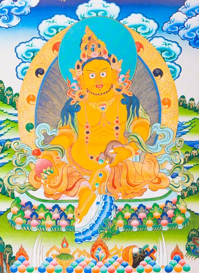 Image depicting Dzambhala, the yellow Dzambhala is the manifestation of the Buddha Ratnasambhava symbolising wealth in the materialistic world (gouache on cloth)   1461302   ja       japanese Successfully Translated  Original: The Black, plate 6 of portfol 作： School Nepalese