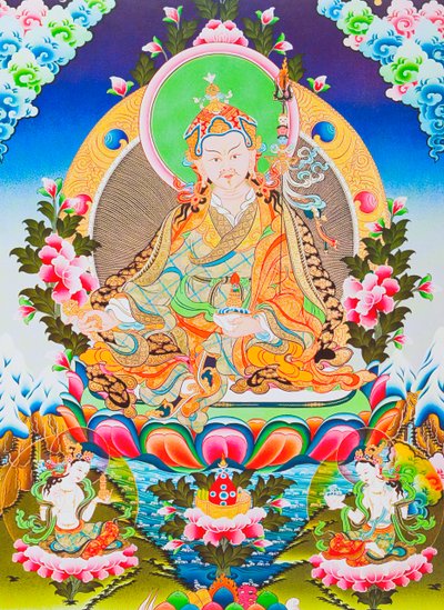 パドマサンバヴァまたはグル リンポチェを描いた画像。チベットのタントラ主義の神格化された使徒であり、悪魔や精霊に対する支配を得たと言われています (布にグワッシュ) 作： School Nepalese