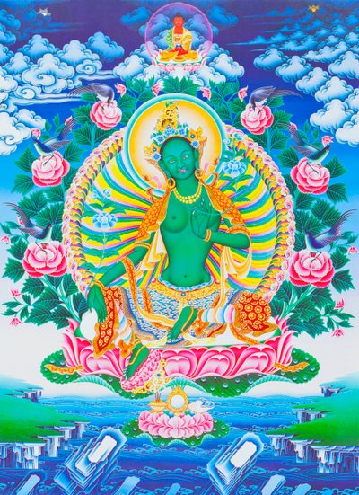 存在の海のすべての危険から母体を保護する緑のタラを描いた画像 (布にグワッシュ) 作： School Nepalese