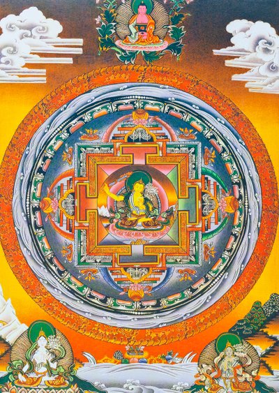 Manjushree Mandala, where the central figure represents the god of wisdom Manjushree, the legendary creator of the Kathmandu valley (gouache on cloth)   1460086   ja       japanese Successfully Translated  Original: Shepheard, Field and Haughton (fighting) 作： School Nepalese