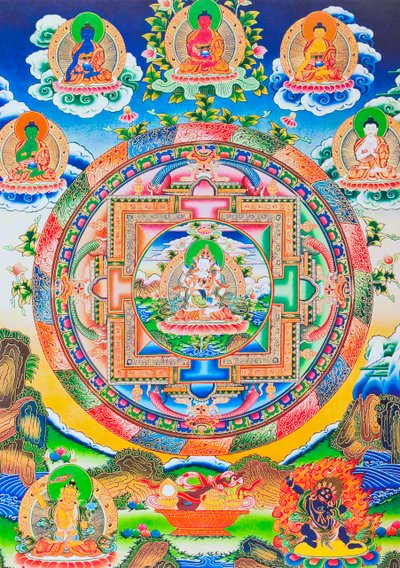Vajrasattva、曼荼羅、般若の知恵 (布のガッシュ) で永遠の抱擁で始まりも終わりもない自作のタントラ仏を描いています。 作： School Nepalese