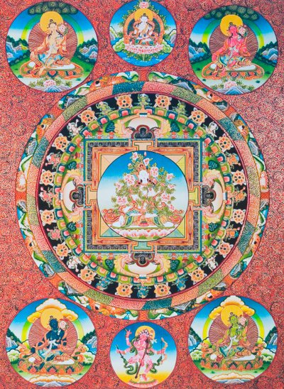 Valkoinen Tara Mandala; buddhalaisen panteonin seitsemänsilmäinen naisjumala, joka edustaa myötätunnon jumalatarta ja ihmisten suojelijaa (guassi kankaalla) 作： School Nepalese