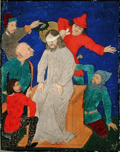 嘲笑されるキリスト」（羊皮紙にグワッシュ、墨、絵の具） 作： School Netherlandish