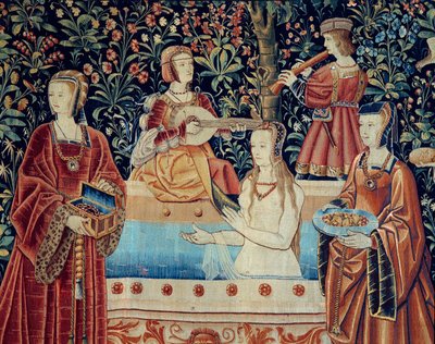 ロードシップ・ライフのカーテン：ザ・バス。詳細1520年頃、オランダで製作されたウールとシルクのタペストリー。日 2,8x2,6 m パリ、国立中世美術館、テルム・ド・クリュニー 作： School Netherlandish