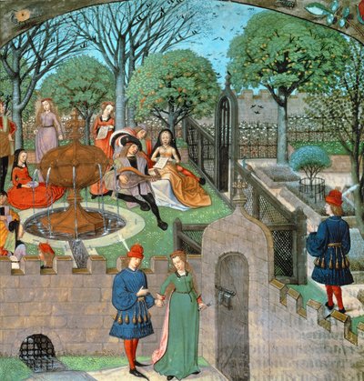 Harl 4425 f.12v 庭のシーン、庭の壁の外の恋人と女性のオイセウス (怠惰)、「Roman de la Rose」、ブルージュ、c.1490-1500 (ベラム) 作： School Netherlandish