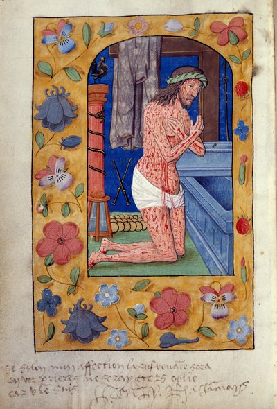 Kings 9 f.231v 開いた墓のそばでひざまずくキリスト (ベラム) 作： School Netherlandish