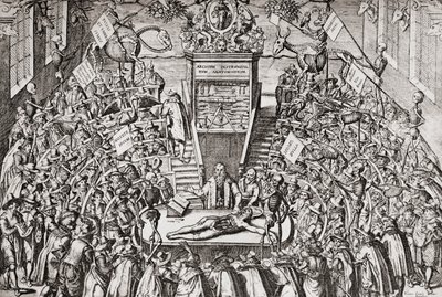 ライデン大学で解剖学の授業を受ける学生たち。1936年（印刷） 作： School Netherlandish