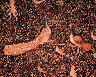聖職者の生活のカーテン：鳥や孔雀が描かれたディテール。1520年頃、オランダで製作されたウールとシルクのタペストリー。日 2,6x3,7 m パリ、国立中世美術館、テルム・ド・クリュニー 作： School Netherlandish