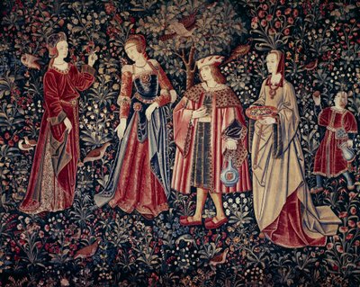 聖職者の生活のカーテン：散歩（ウールとシルクのタペストリー、1520年頃 作： School Netherlandish